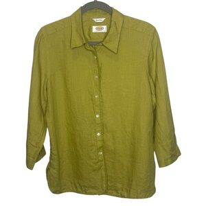 Talbots  100% Irish Linen Blouse  MP Collared Button Down Top Green 3/4 Sleeves